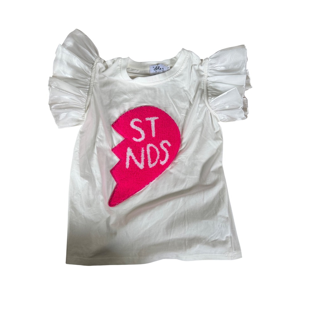 Lola + The Boys Girls Best Friends T-Shirt White Pink Heart Ruffle Sleeve Size 8